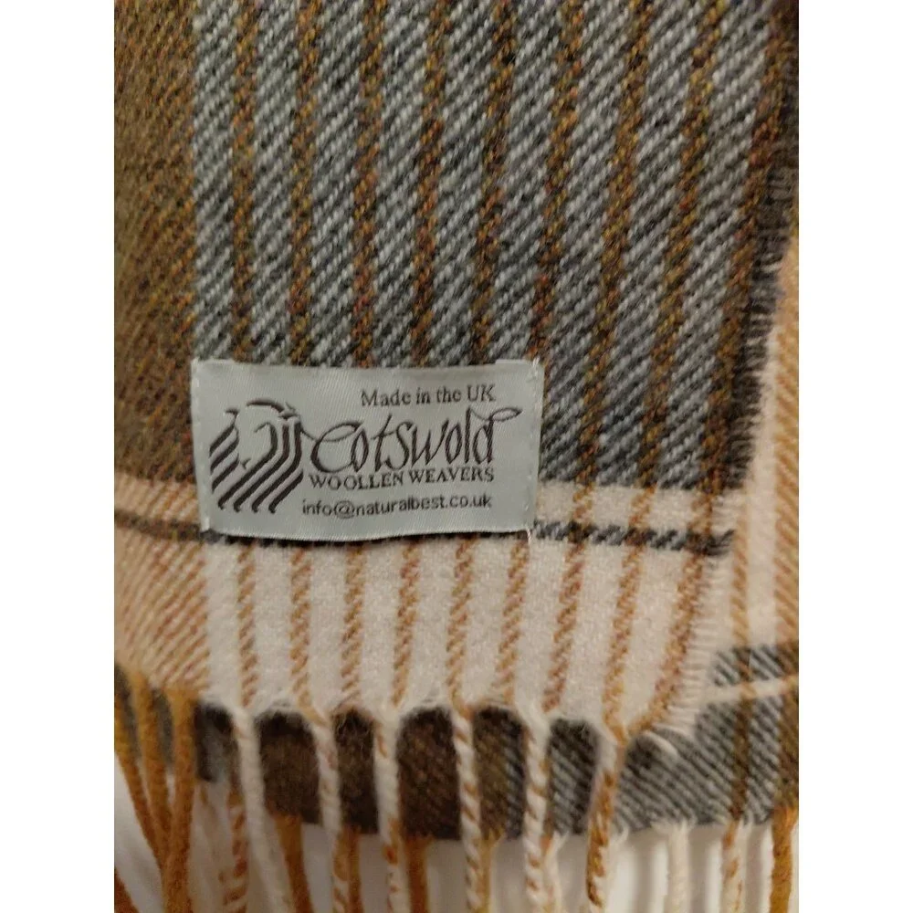 Cotswold Woollen Weavers Plaid Wool Scarf With Fringe Gold Gray Beige